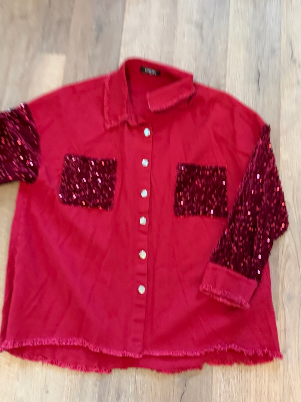 CHICME Red Sequin Sleeve Button Front Shacket Top 1XL - Picture 5 of 13